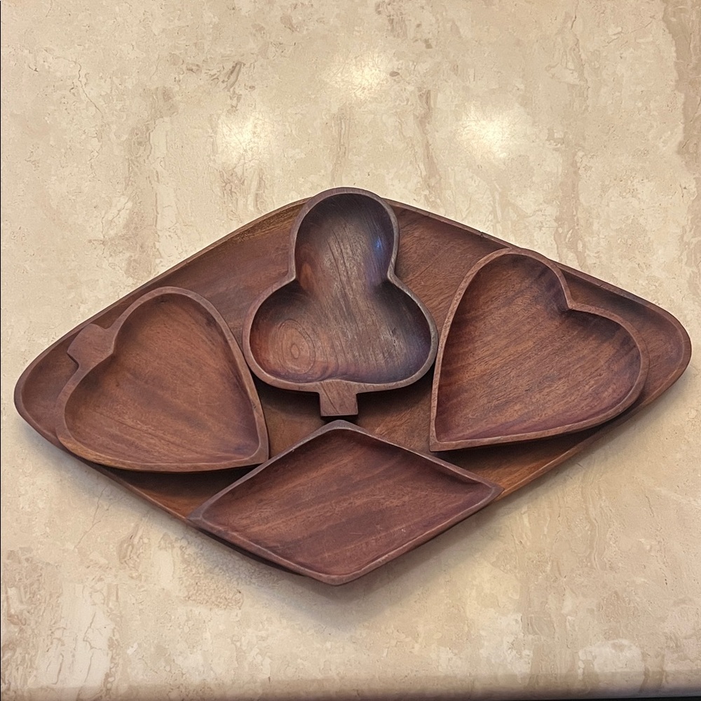 Vintage Taverneau Wooden Serving Dish in a Shape of Deck of Cards Made in Haiti